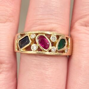 Vintage 14K Natural Precious Gemstone Ring Ruby Sapphire Emerald Diamond 7.5